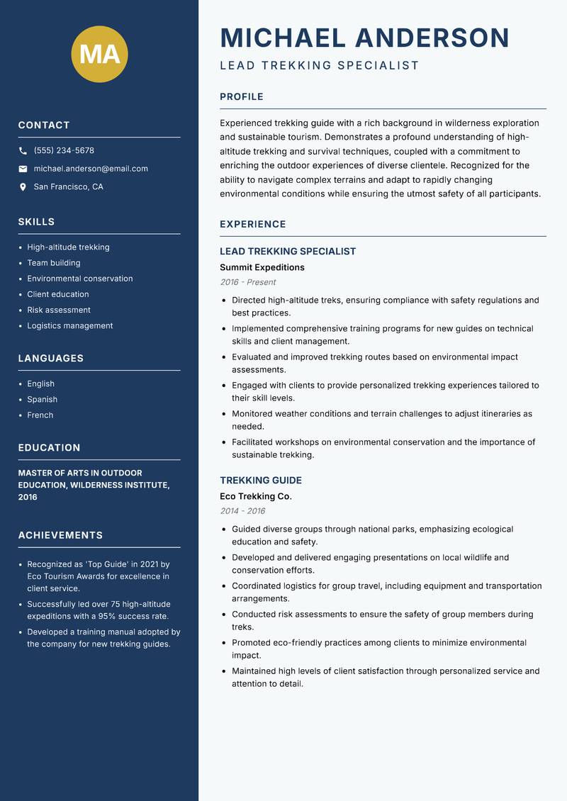 Trekking Guide resume template — Classic Clean