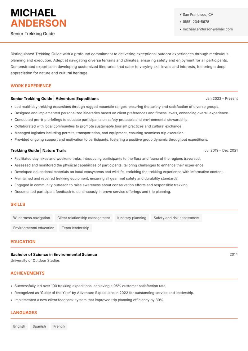 Trekking Guide resume template — Modern Professional