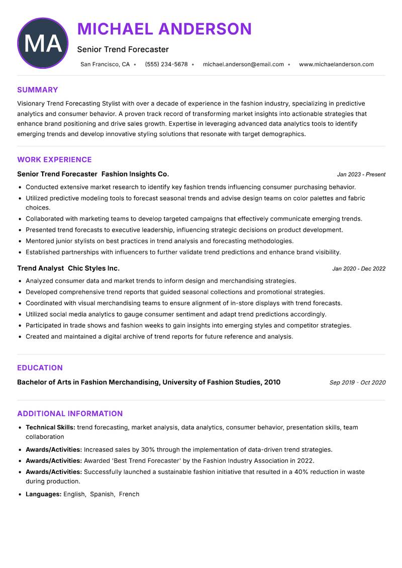 Trend Forecasting Stylist resume example — ATS-friendly template