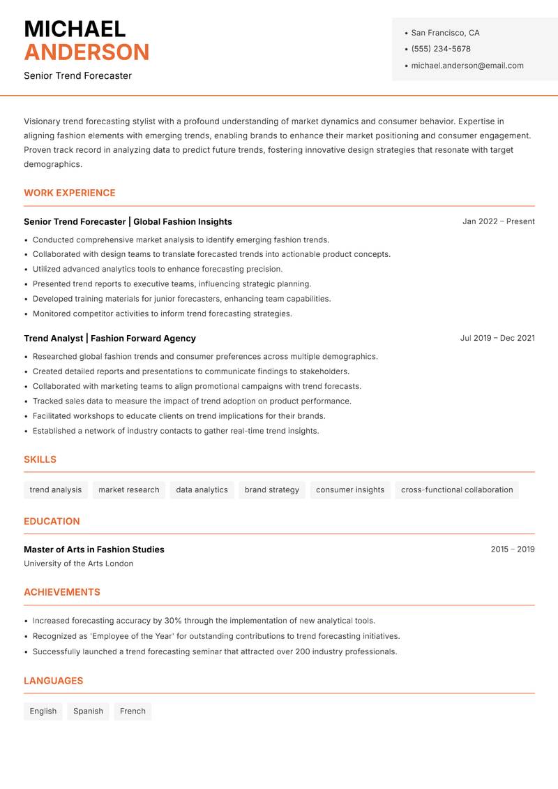Trend Forecasting Stylist resume template — Modern Professional