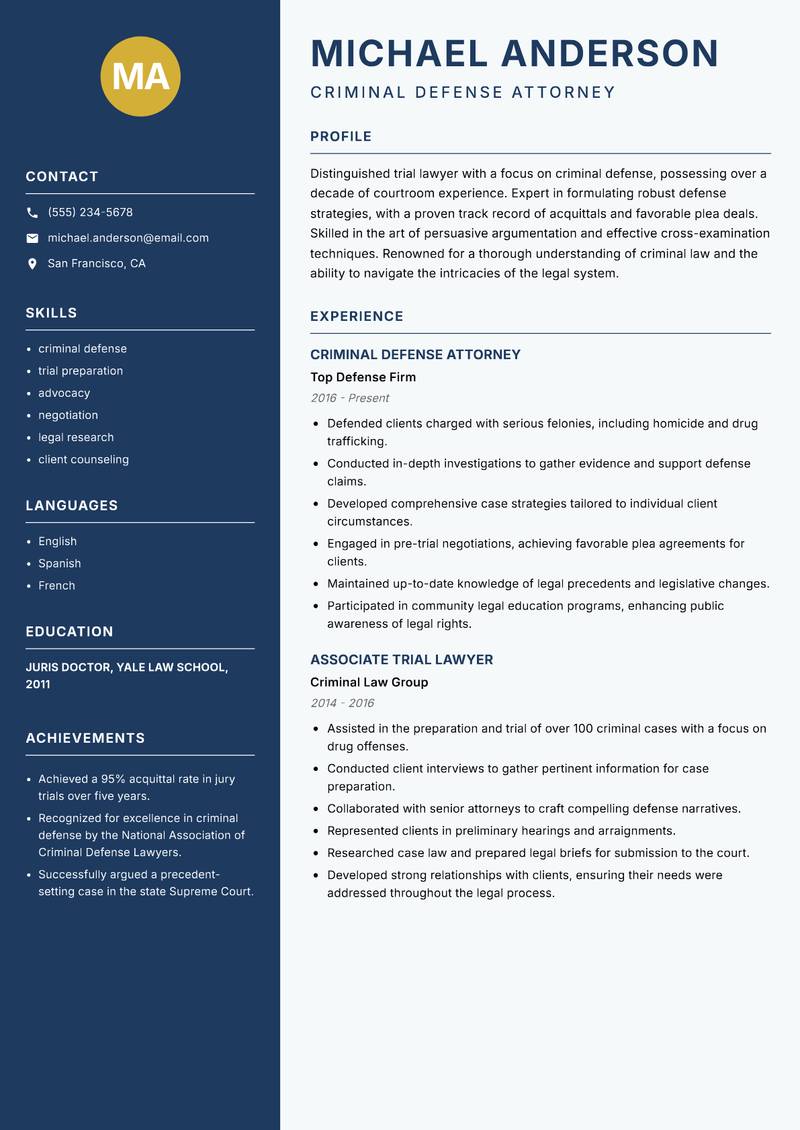 Trial Lawyer resume template — Classic Clean