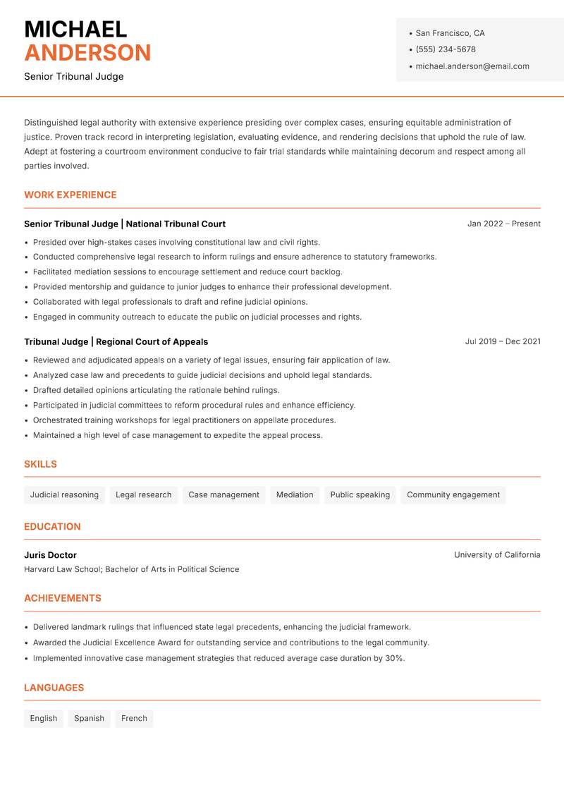 Tribunal Judge resume template — Modern Professional