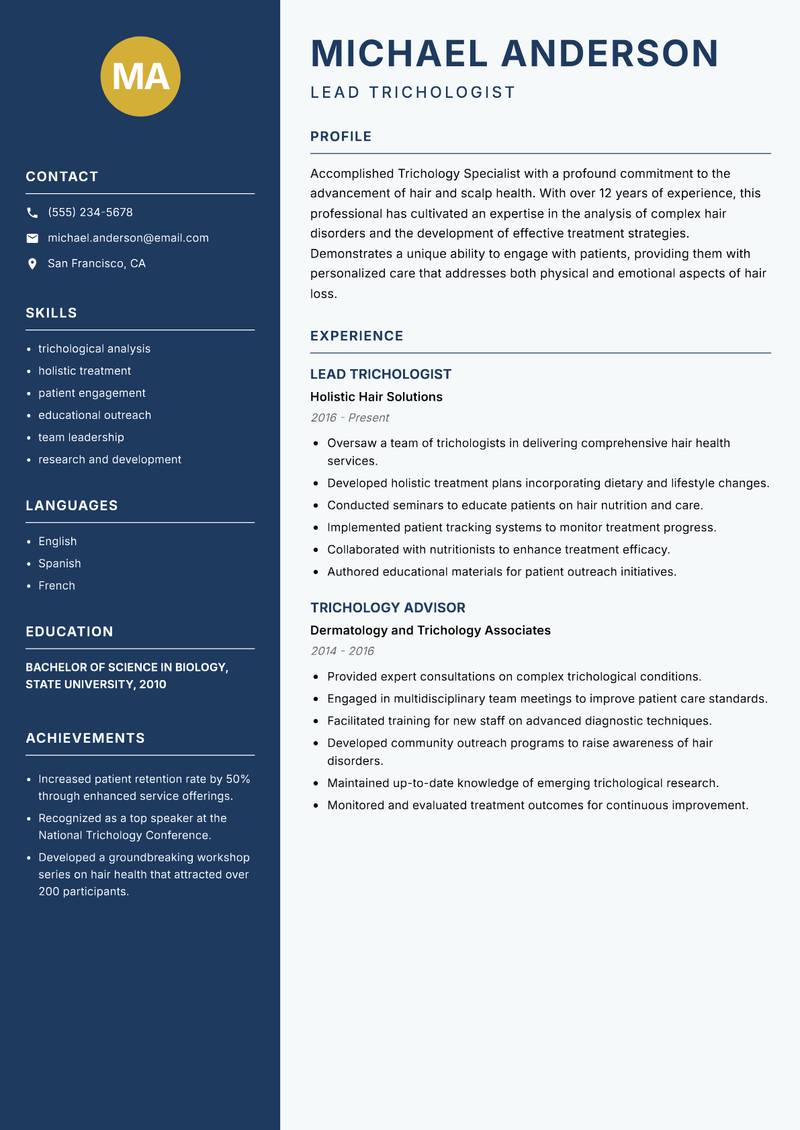 Trichology Specialist resume template — Classic Clean