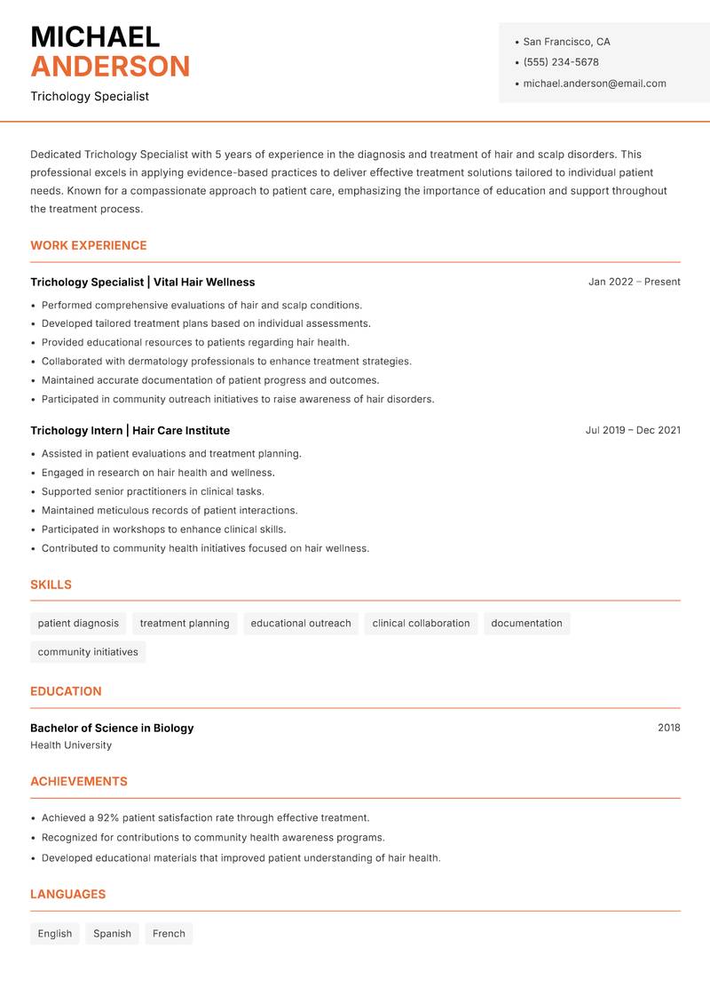 Trichology Specialist resume template — Modern Professional