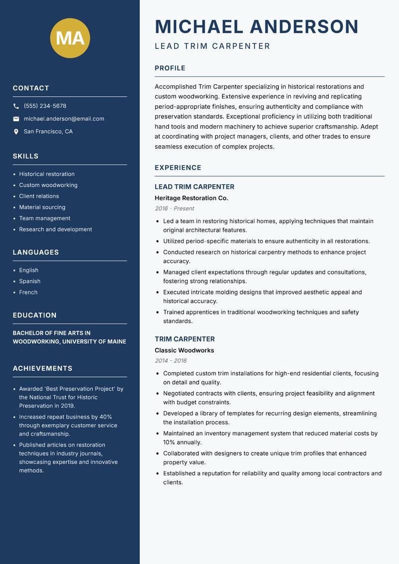Trim Carpenter resume template — Classic Clean