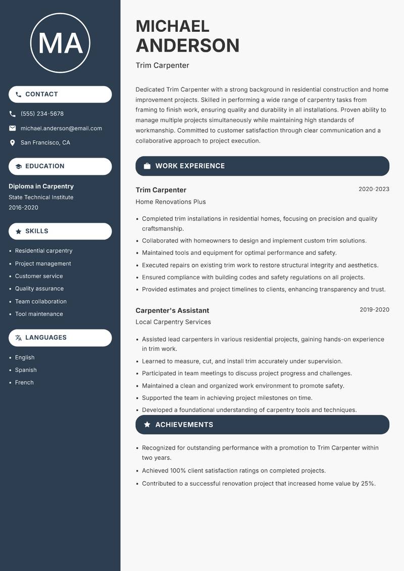 Trim Carpenter resume template — Compact
