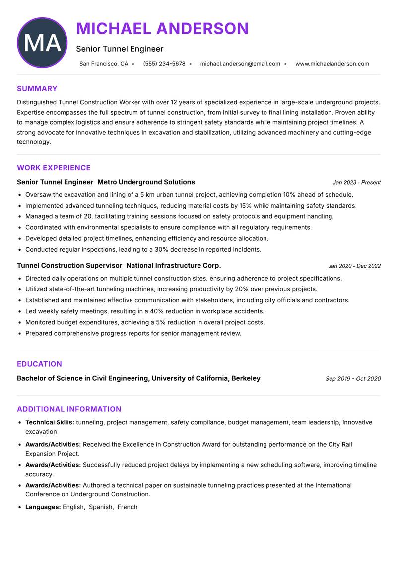 Tunnel Construction Worker resume example — ATS-friendly template