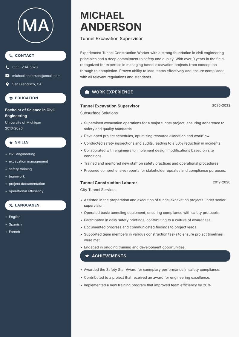 Tunnel Construction Worker resume template — Compact
