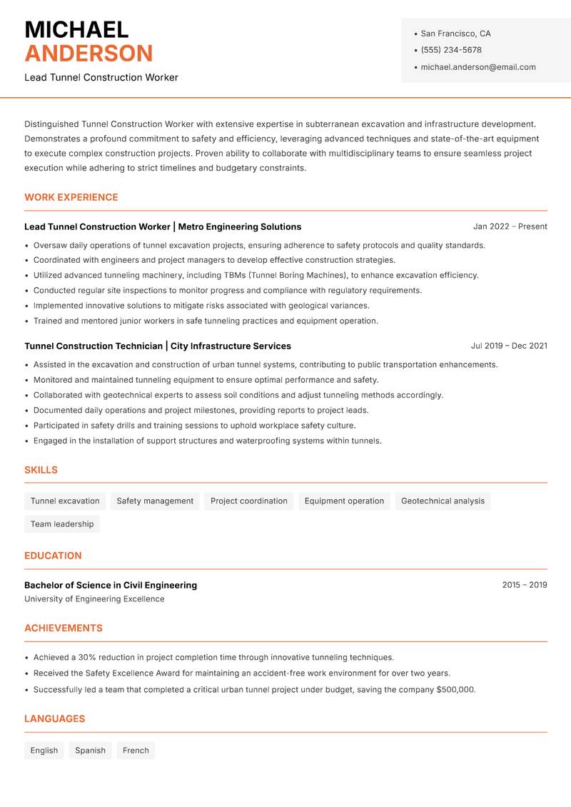 Tunnel Construction Worker resume template — Modern Professional