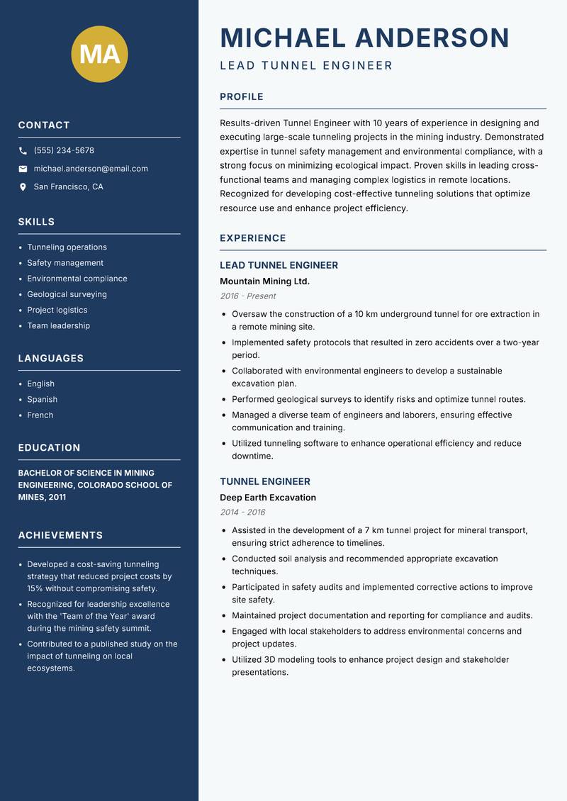 Tunnel Engineer resume template — Classic Clean
