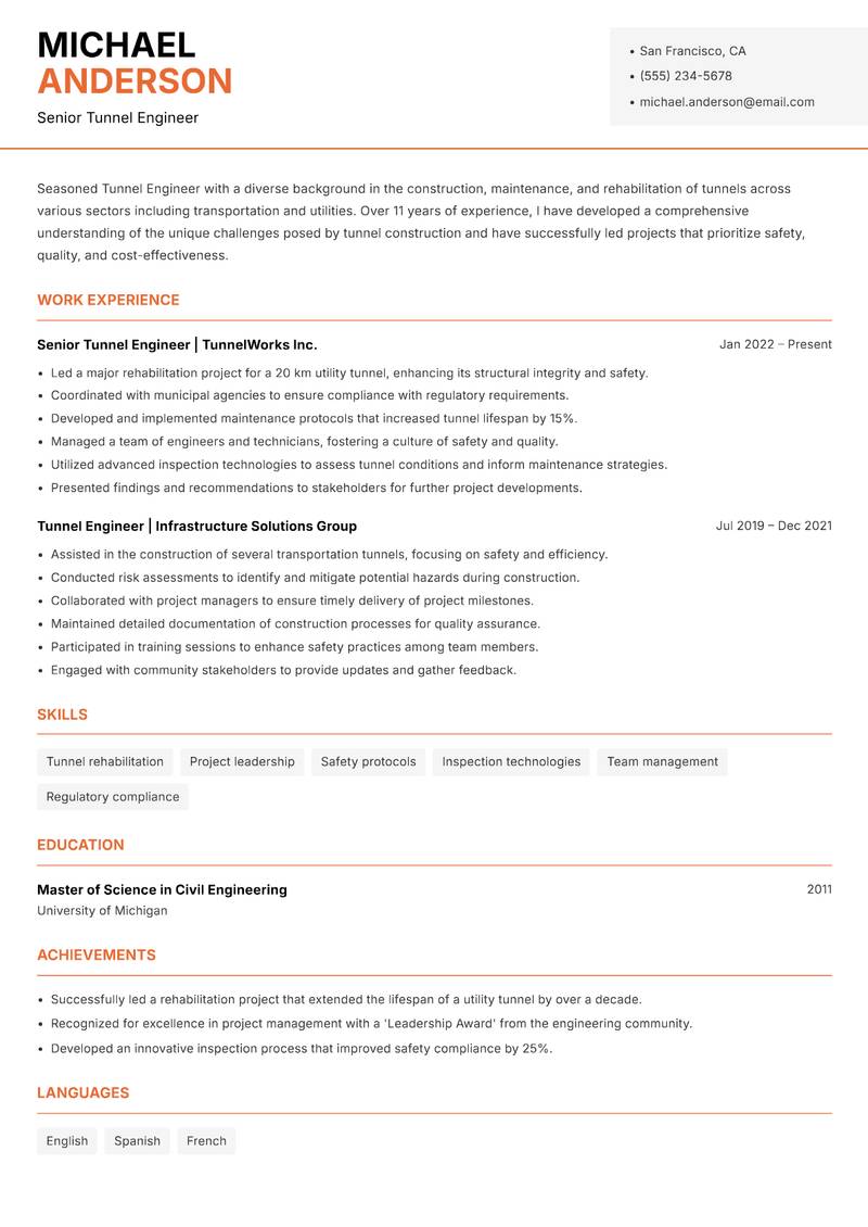 Tunnel Engineer resume template — Modern Professional