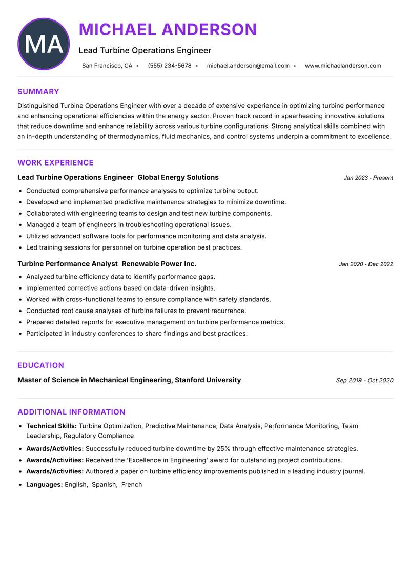 Turbine Operations Engineer resume example — ATS-friendly template
