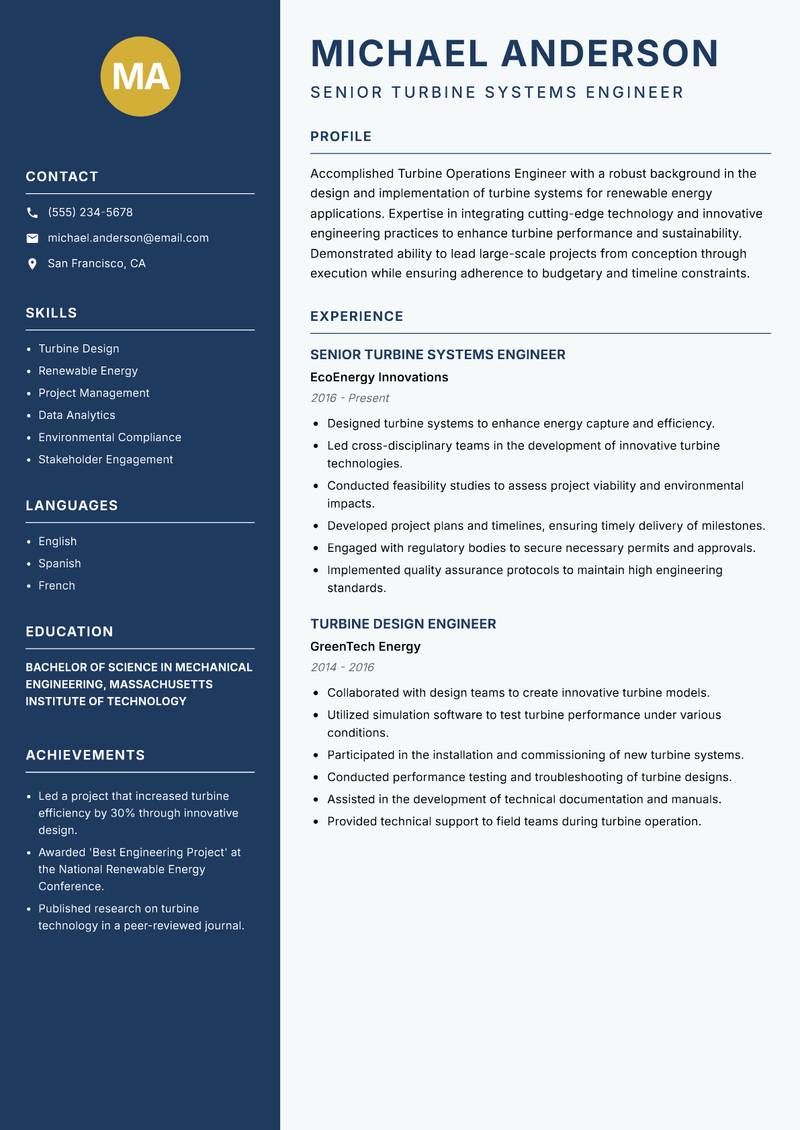 Turbine Operations Engineer resume template — Classic Clean