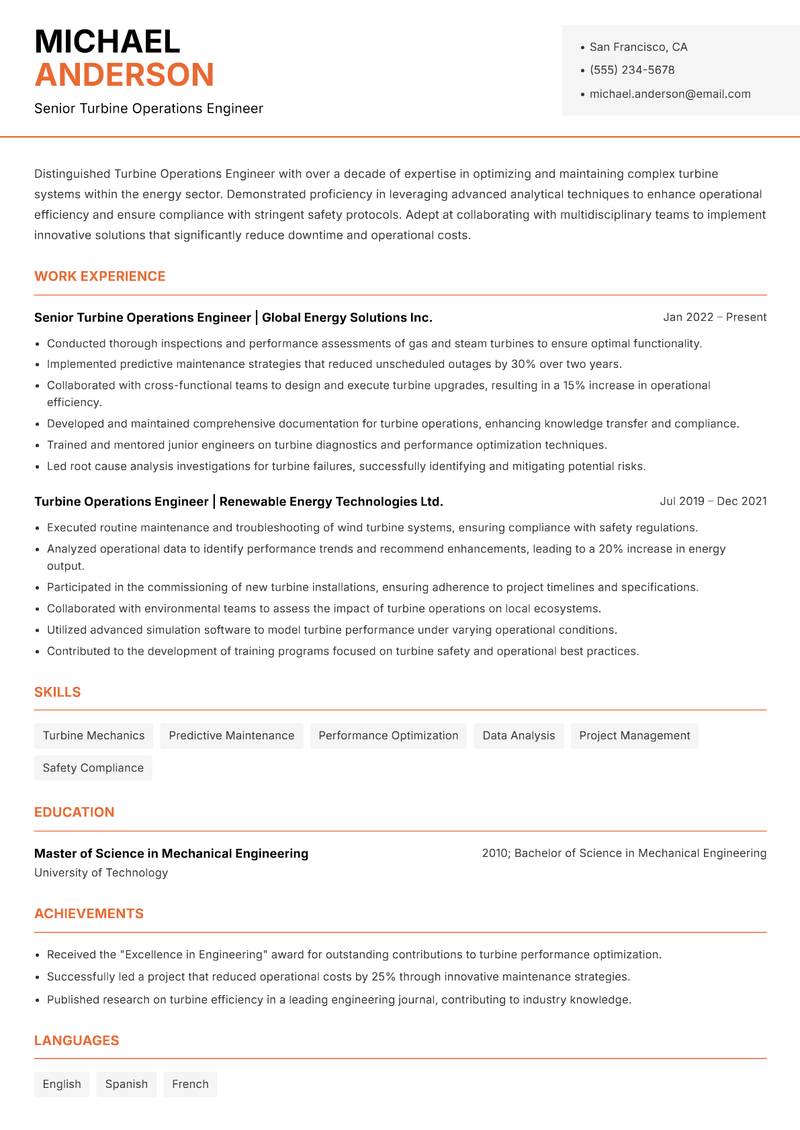 Turbine Operations Engineer resume template — Modern Professional