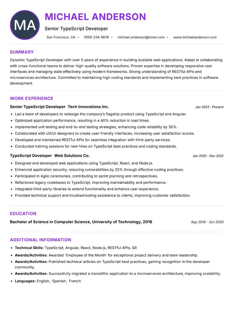TypeScript Developer resume example — ATS-friendly template
