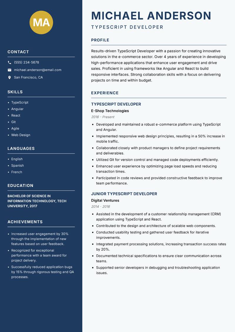 TypeScript Developer resume template — Classic Clean