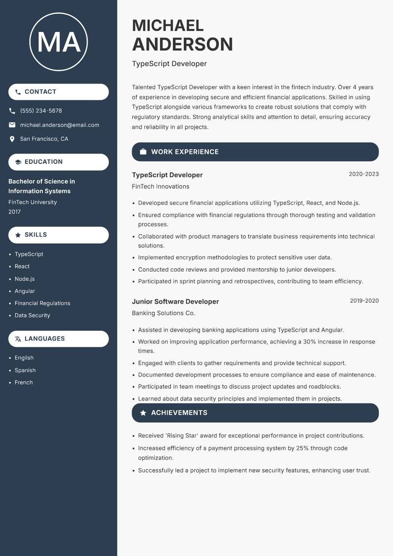 TypeScript Developer resume template — Compact