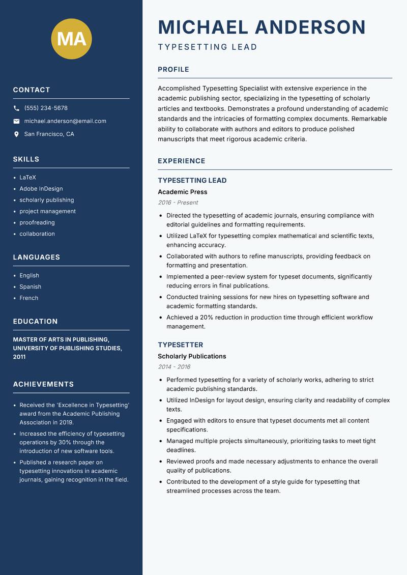 Typesetting Specialist resume template — Classic Clean