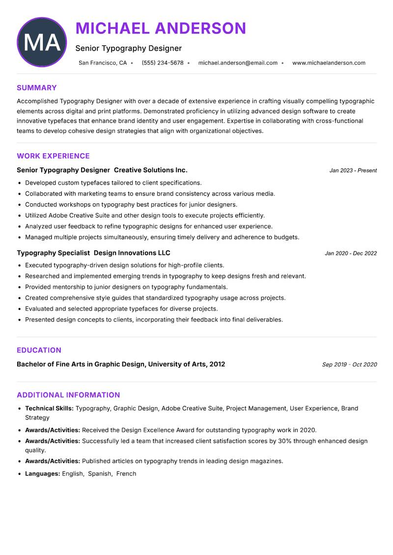 Typography Designer resume example — ATS-friendly template