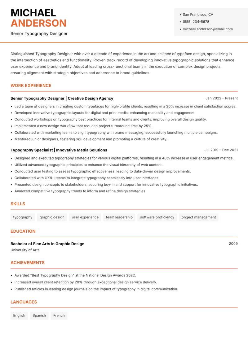 Typography Designer resume template — Modern Professional