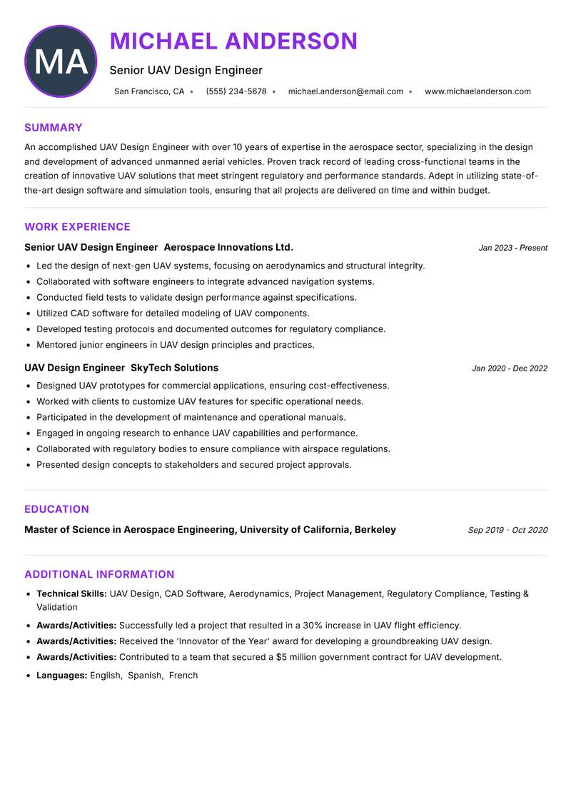 UAV Design Engineer resume example — ATS-friendly template