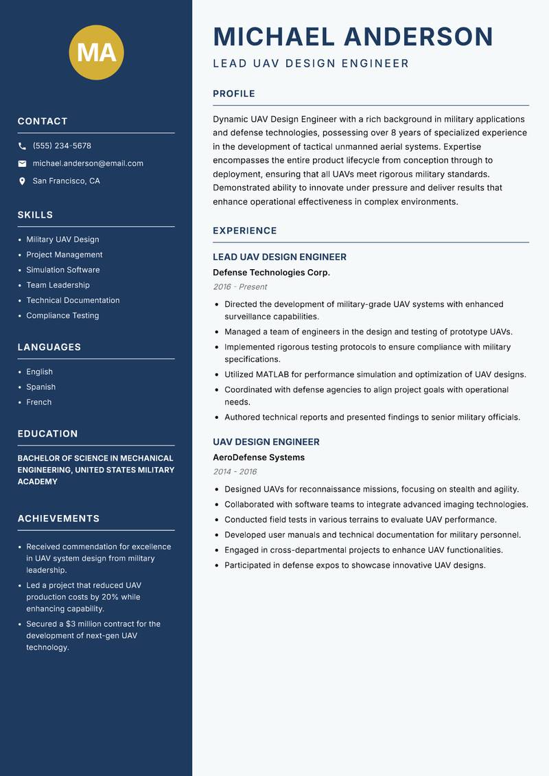 UAV Design Engineer resume template — Classic Clean