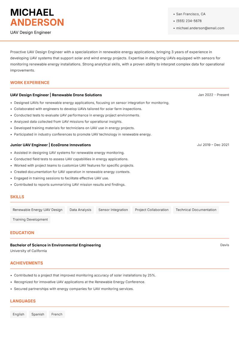 UAV Design Engineer resume template — Modern Professional