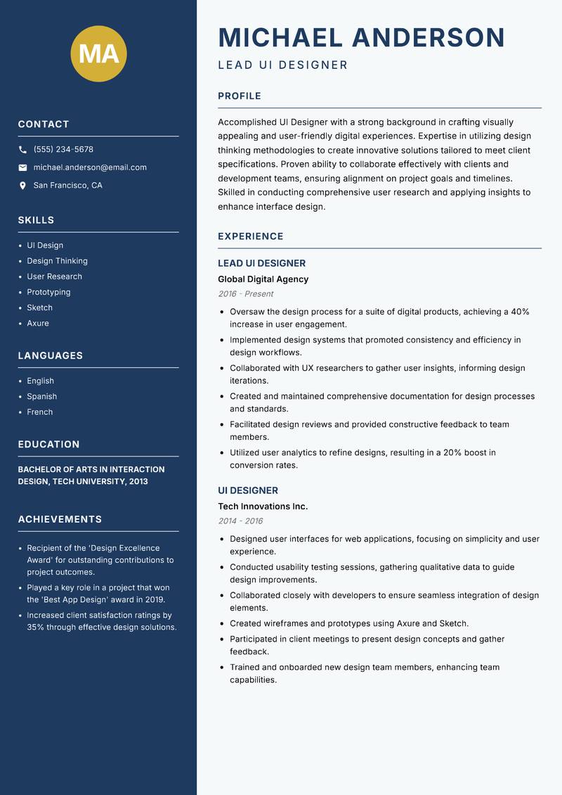 UI Designer resume template — Classic Clean