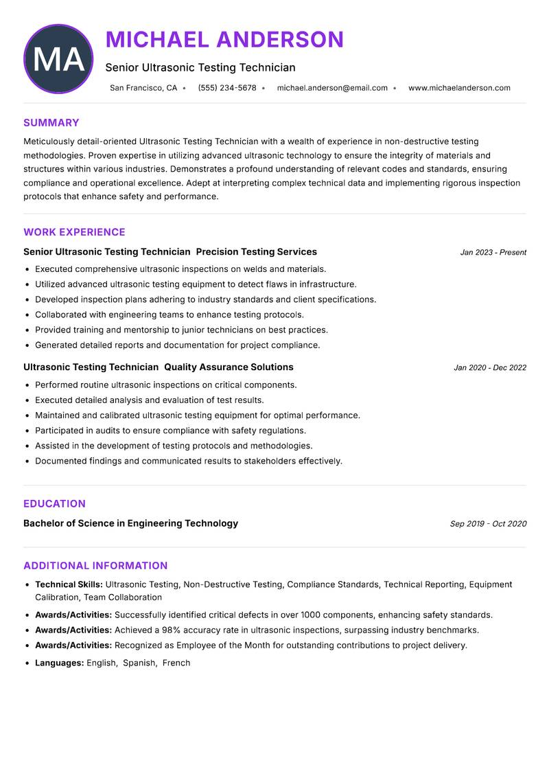 Ultrasonic Testing Technician resume example — ATS-friendly template