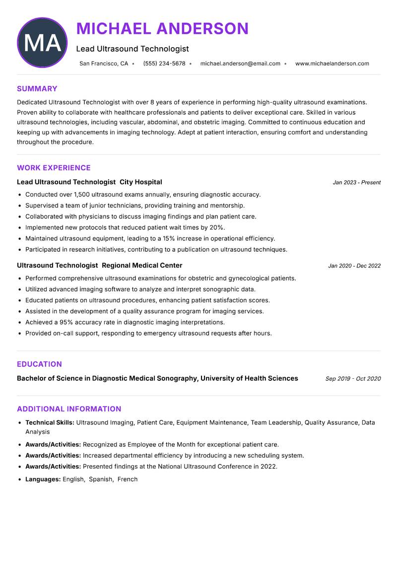 Ultrasound Technologist resume example — ATS-friendly template