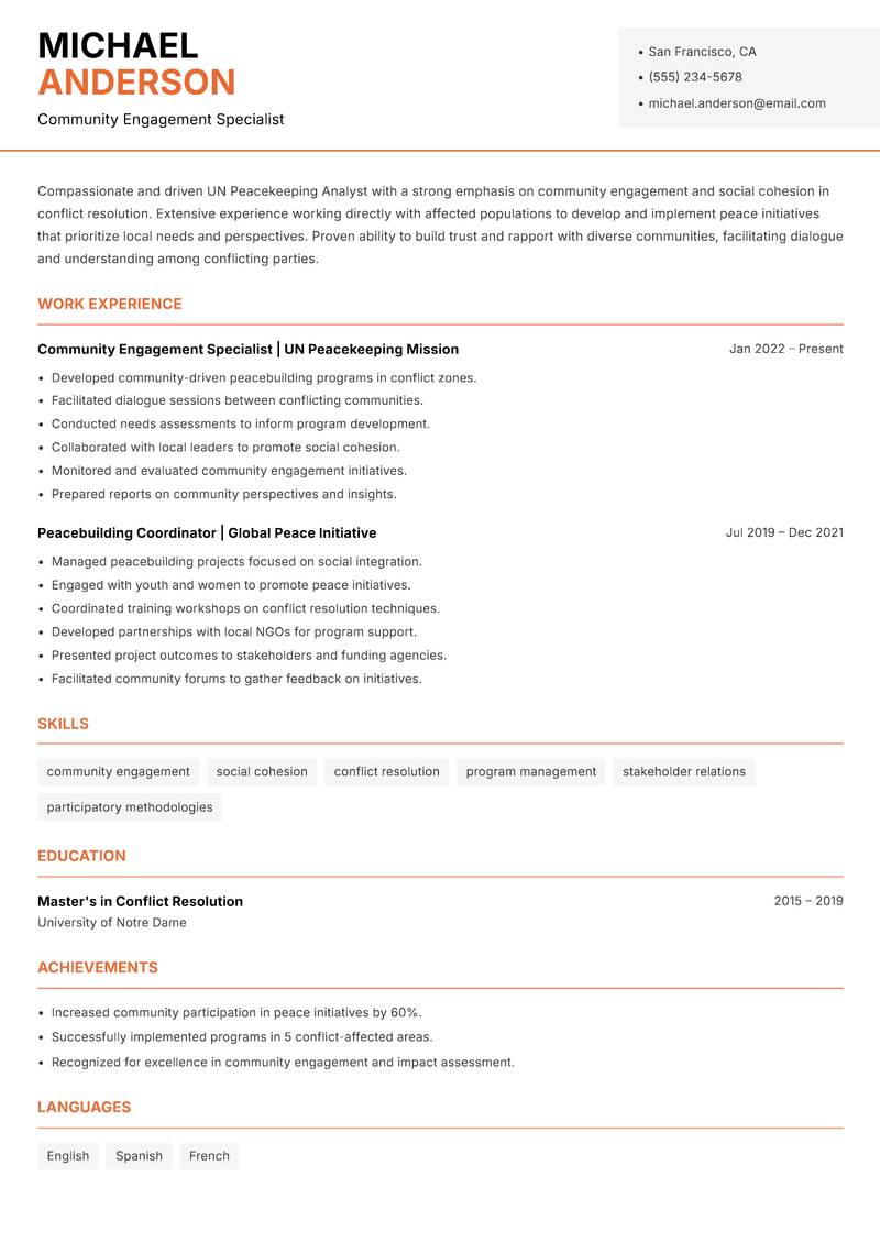 UN Peacekeeping Analyst resume template — Modern Professional