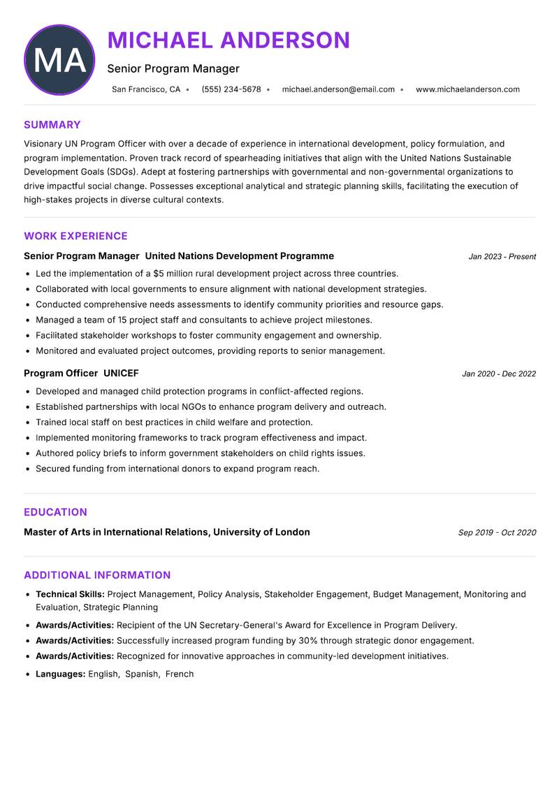 UN Program Officer resume example — ATS-friendly template
