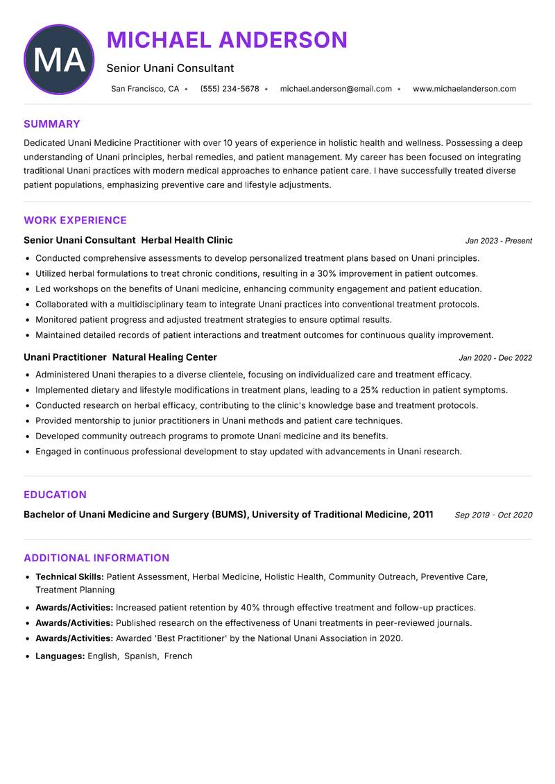 Unani Medicine Practitioner resume example — ATS-friendly template