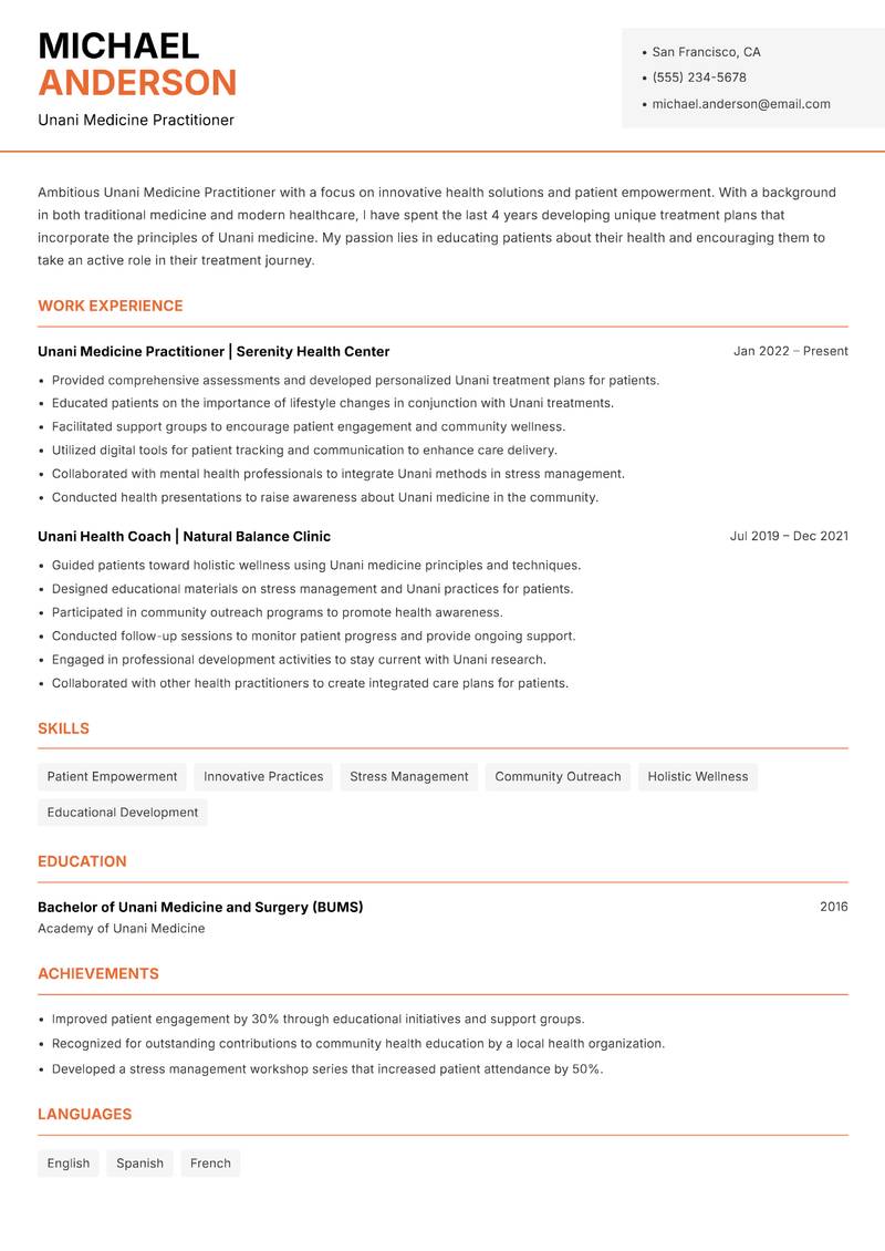 Unani Medicine Practitioner resume template — Modern Professional