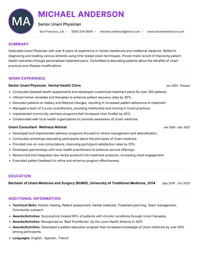 Unani Physician resume example — ATS-friendly template