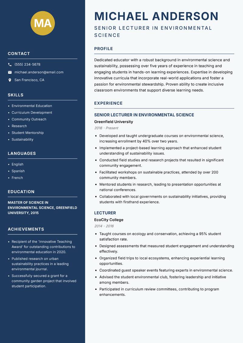 Undergraduate Lecturer resume template — Classic Clean