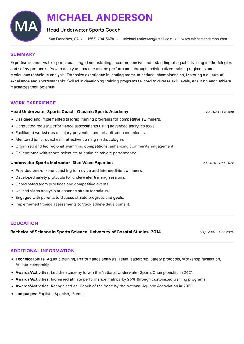 Underwater Sports Coach resume example — ATS-friendly template