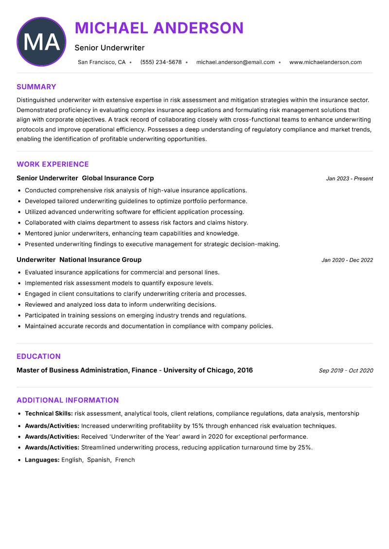 Underwriter resume example — ATS-friendly template