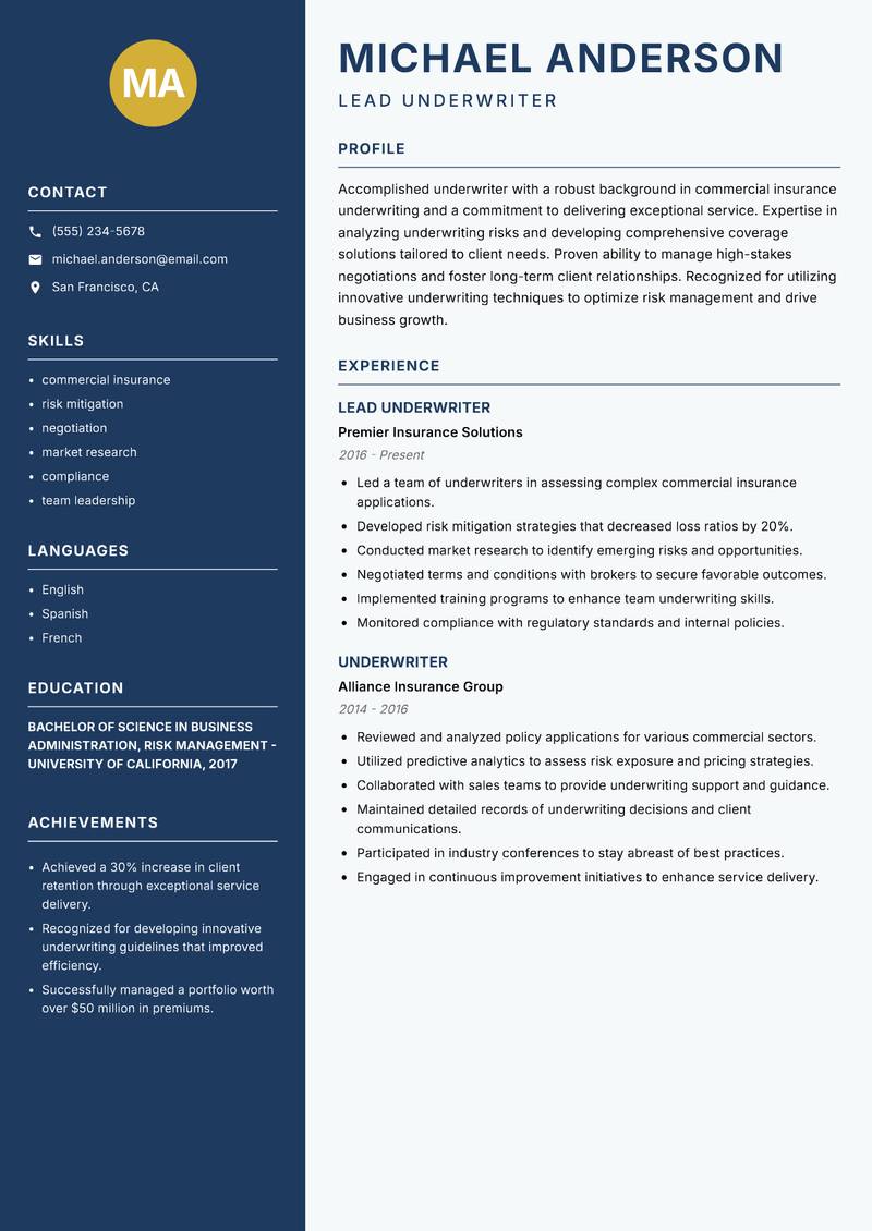 Underwriter resume template — Classic Clean