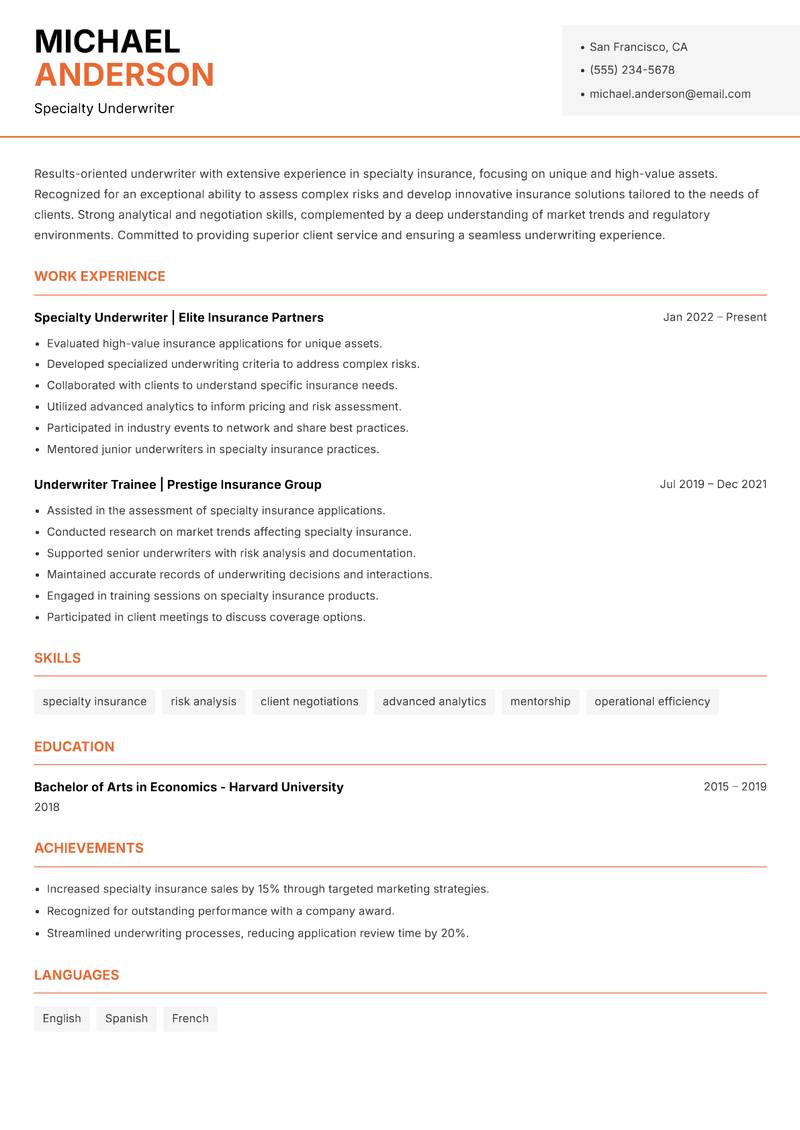 Underwriter resume template — Modern Professional
