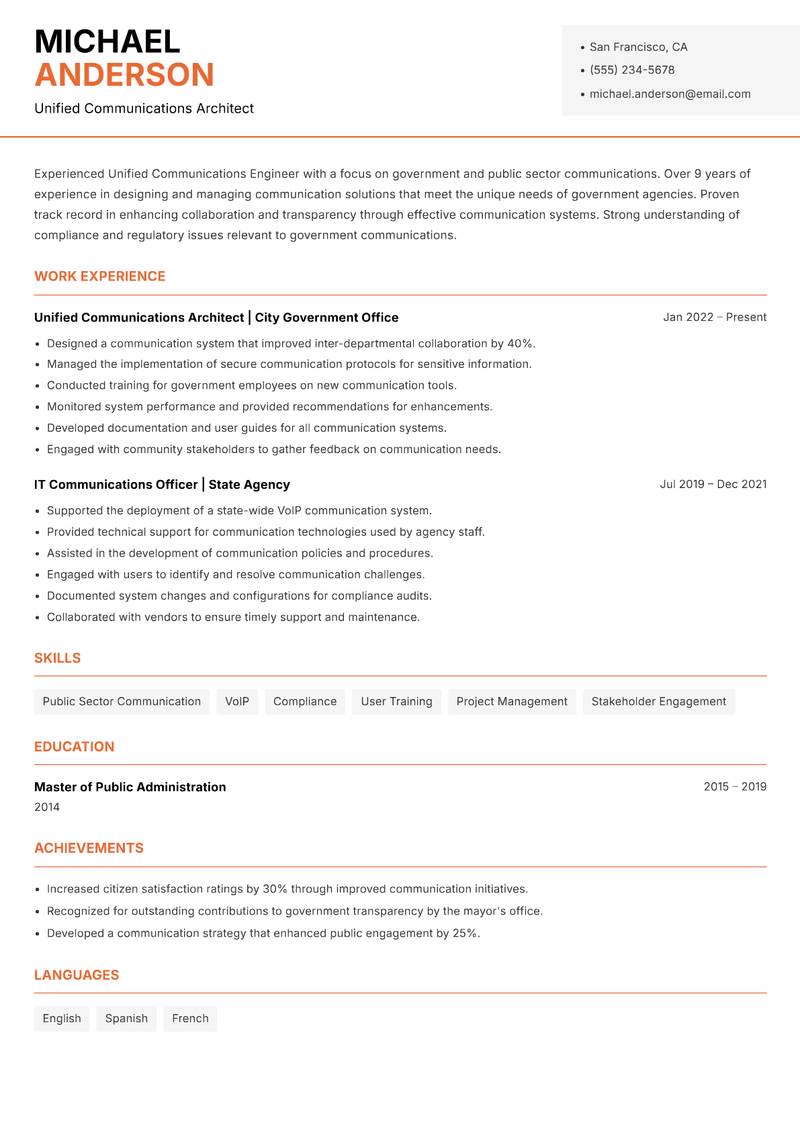 Unified Communications Engineer resume template — Modern Professional