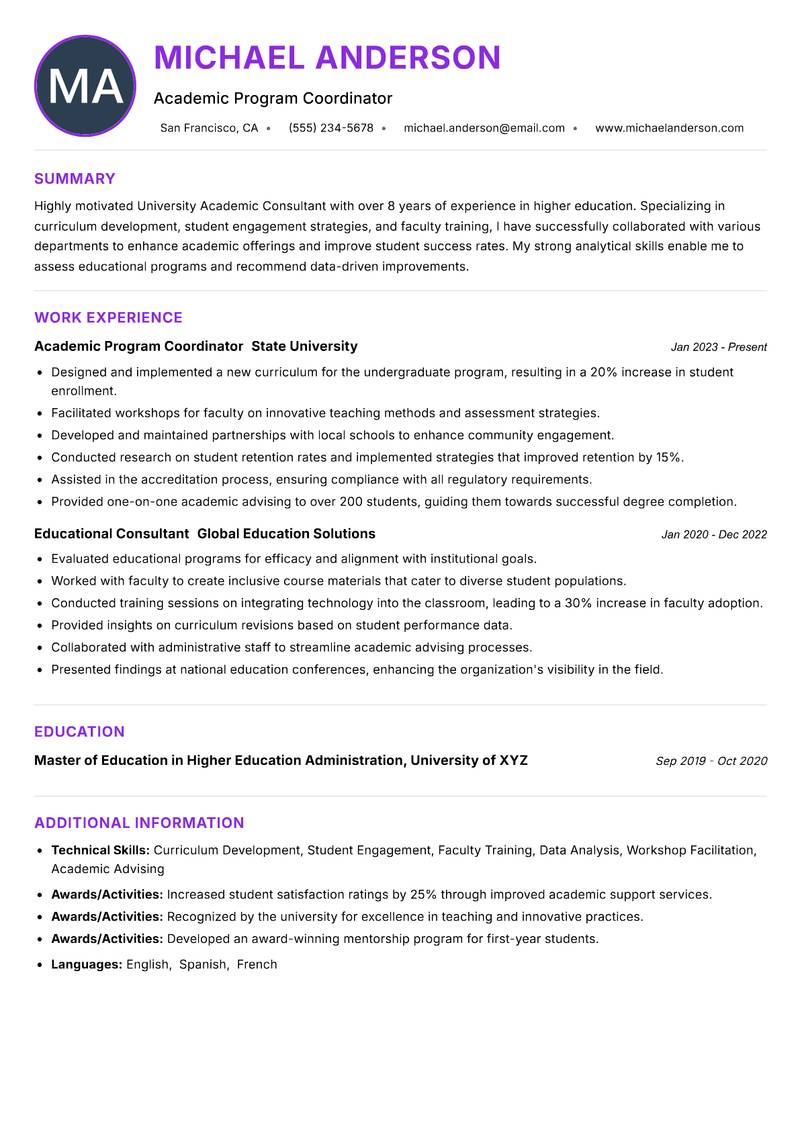 University Academic Consultant resume example — ATS-friendly template