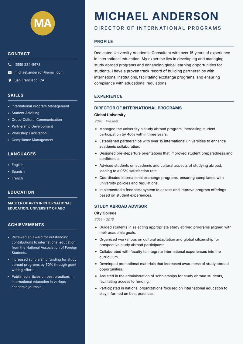 University Academic Consultant resume template — Classic Clean