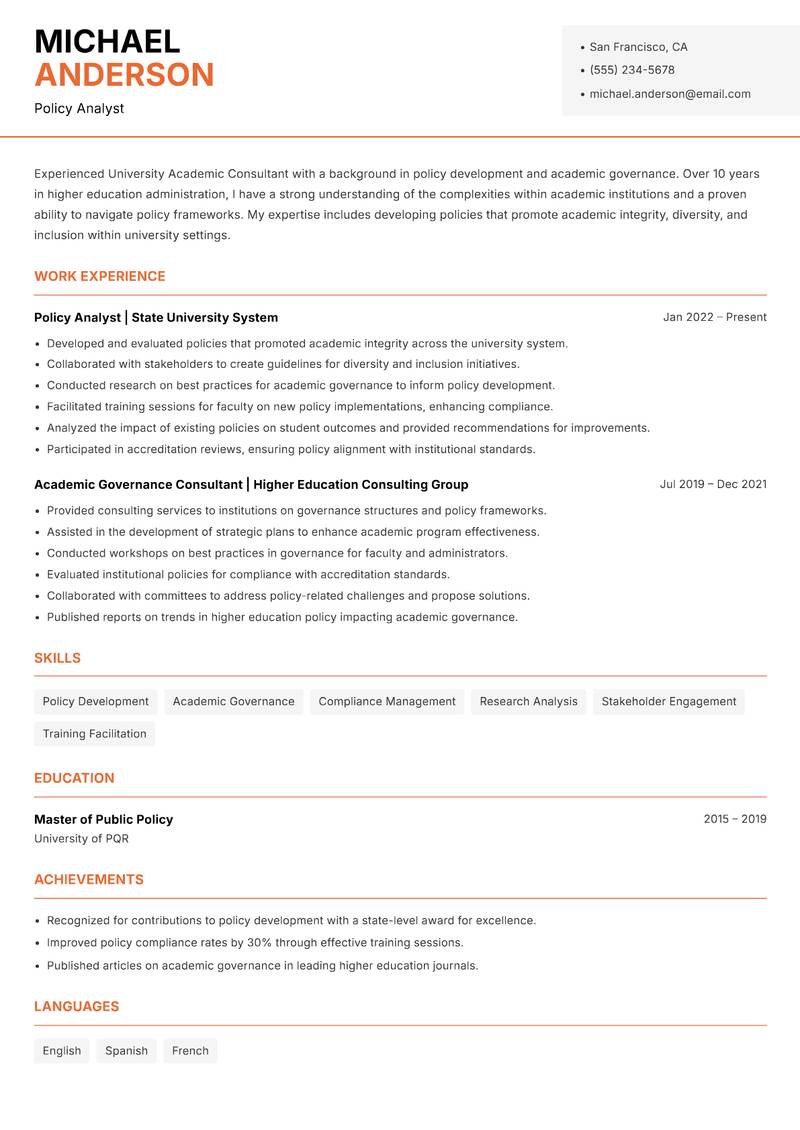 University Academic Consultant resume template — Modern Professional