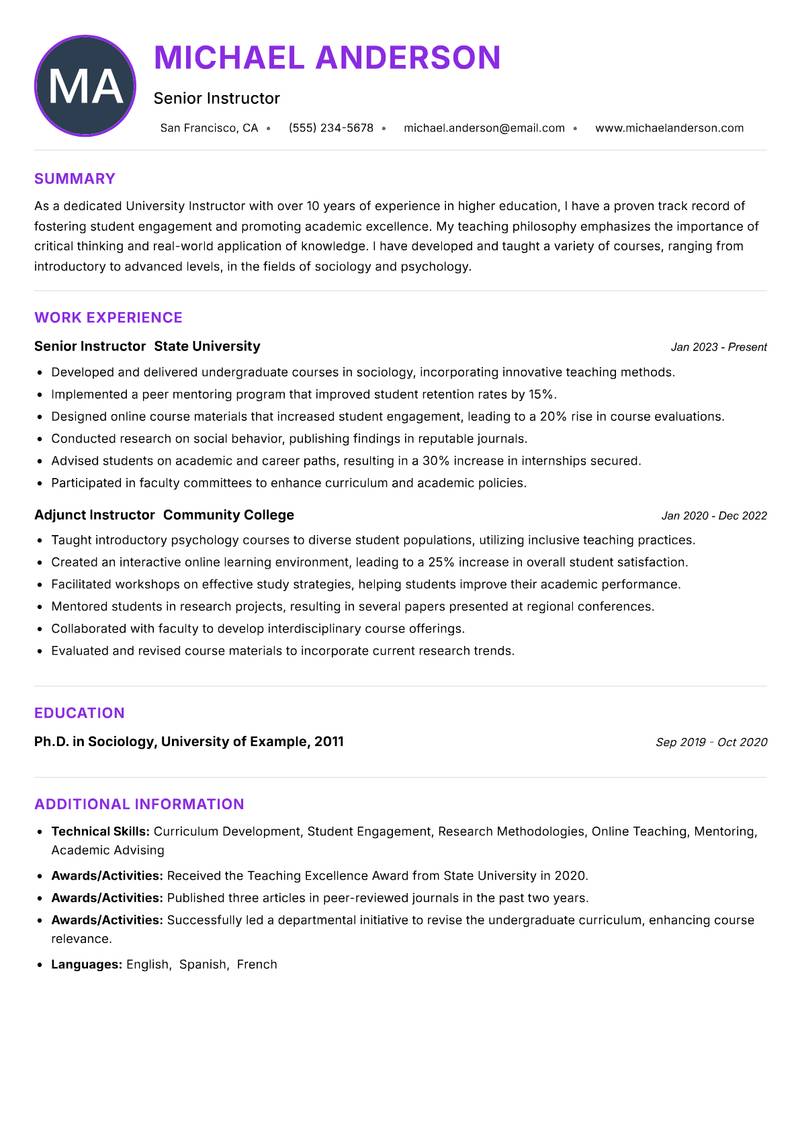 University Instructor resume example — ATS-friendly template