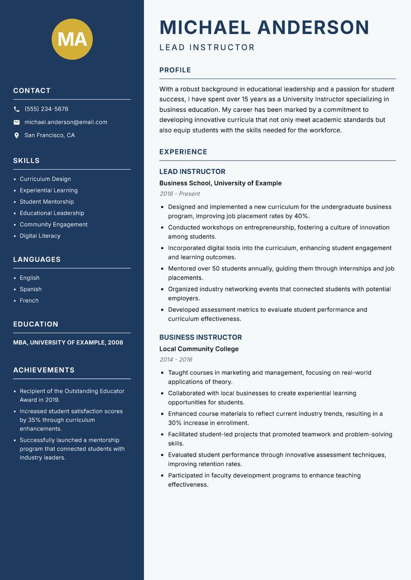 University Instructor resume template — Classic Clean