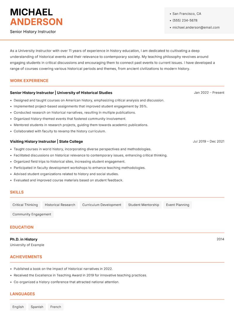 University Instructor resume template — Modern Professional