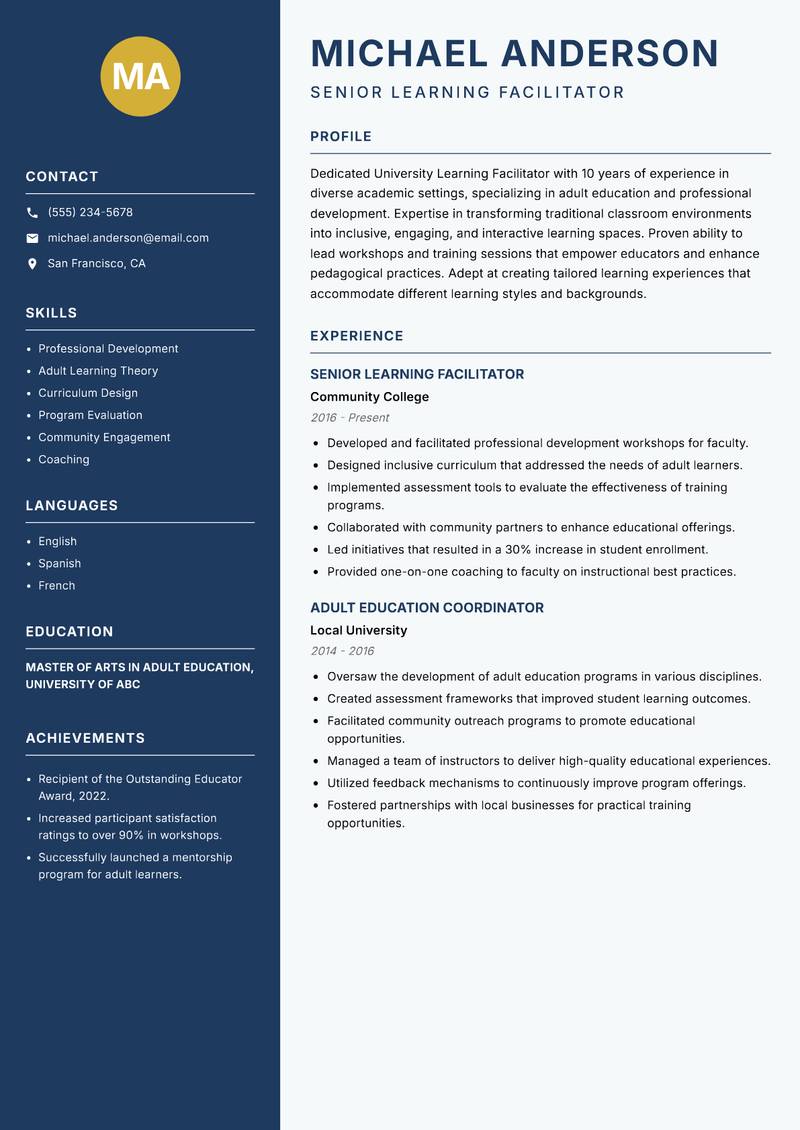 University Learning Facilitator resume template — Classic Clean