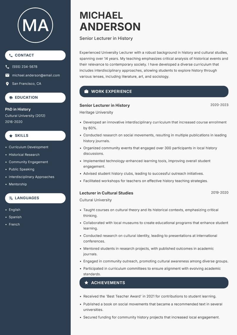 University Lecturer resume template — Compact