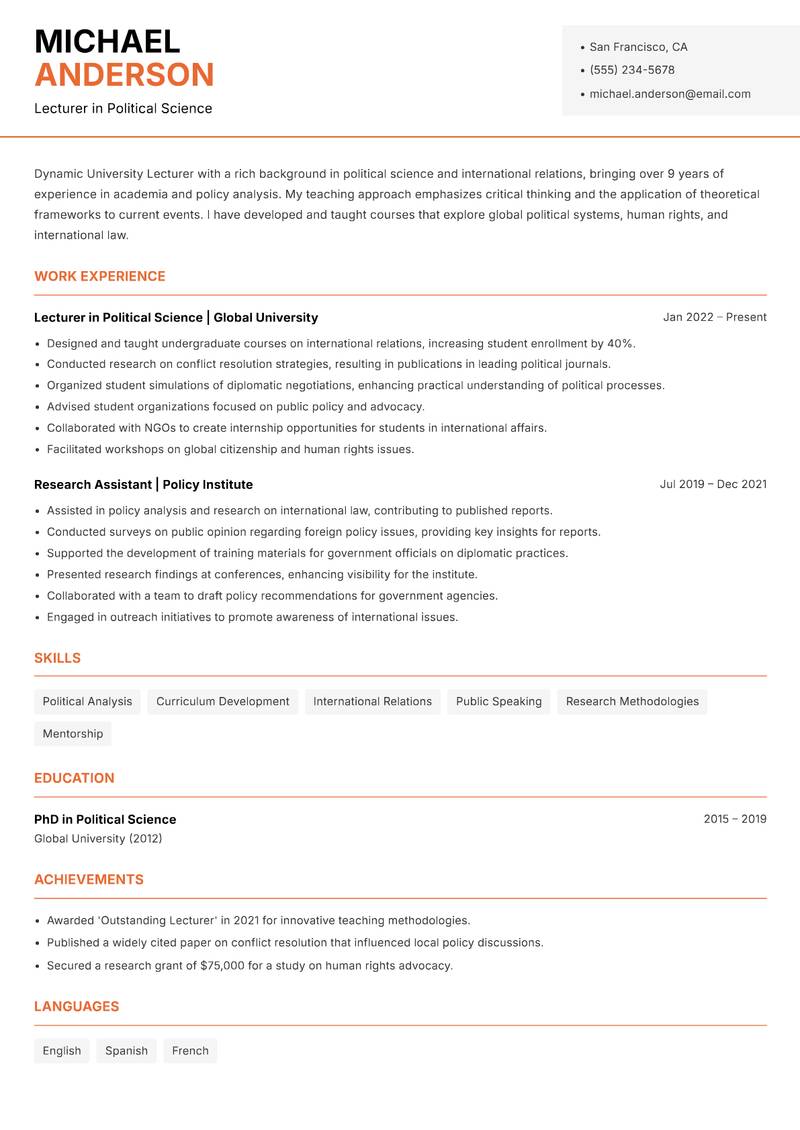 University Lecturer resume template — Modern Professional